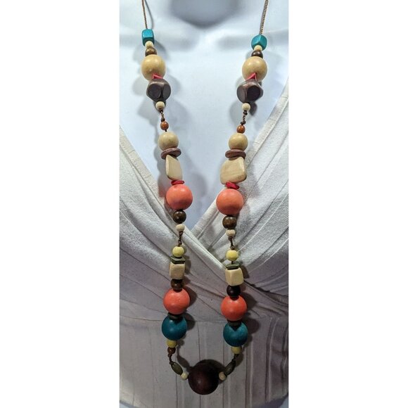 Rainbow Chunky Wood Beaded Statement Necklace - Picture 5 of 8